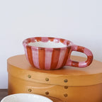 1Pc 220ml Checkerboard Ceramic Mug, Pink Striped High-Value Niche Ceramic Coffee Cup, Suitable for Breakfast Latte, Daily Household Drinking Cup, Party Decoration Cup, Afternoon Tea Coffee, Gift Giving