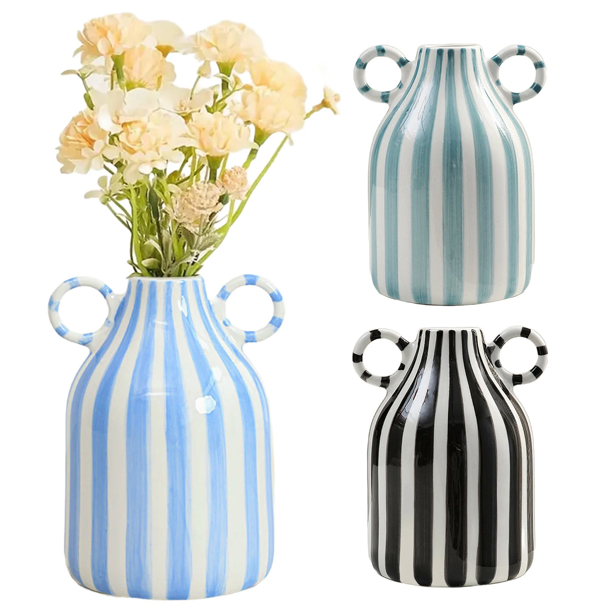 Nordic Style Art Vase Ornament Double Ear Striped Ceramic Vase Hydroponic Flower Cutting Bottle Home Decoration Flowerpot