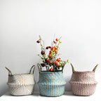 Boho Decor Striped Wicker Storage Baskets Handmade Collapsible Laundry Basket Patchwork Seaweed Flower Belly Garden Flower Pot