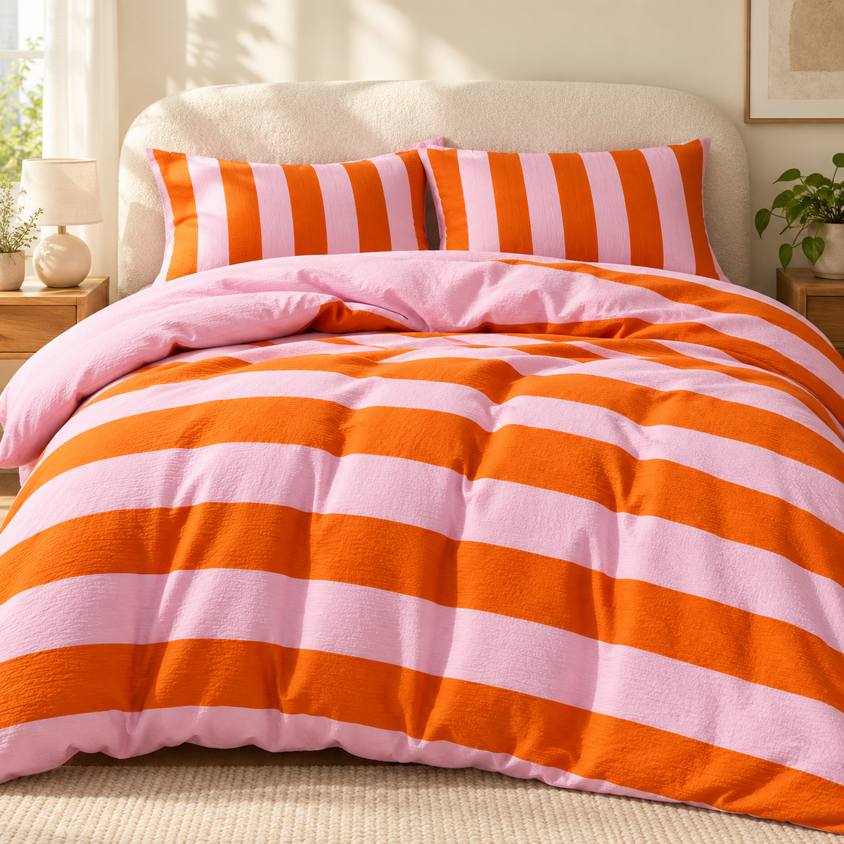 Kit Capa de Edredom Listrado rosa e laranja em quarto elegante