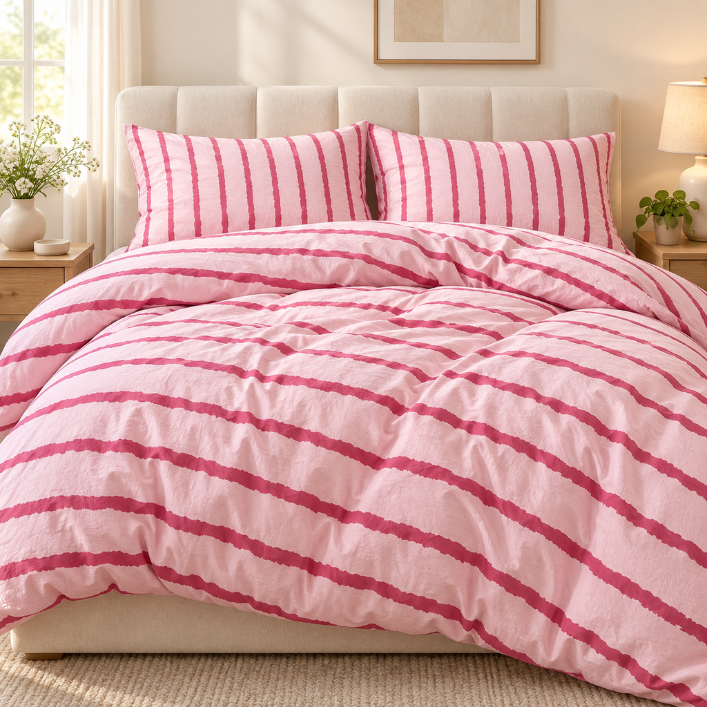 Kit Capa de Edredom Rosa Listrado em quarto elegante