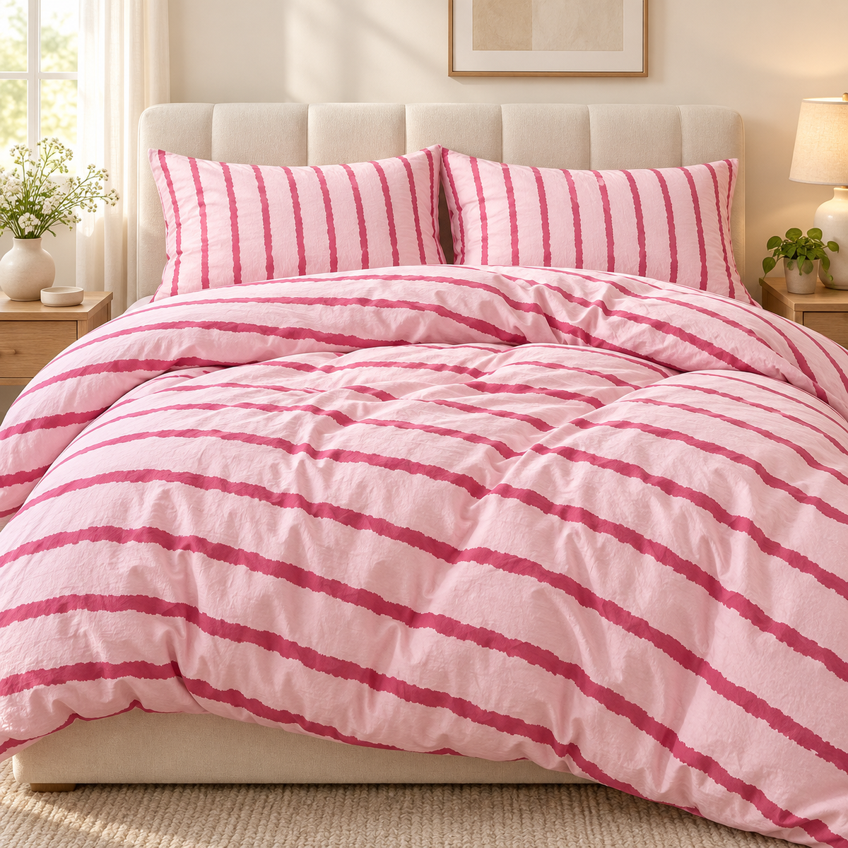 Kit Capa de Edredom Rosa Listrado em quarto elegante