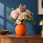 Vaso Formas laranja com flores em ambiente azul