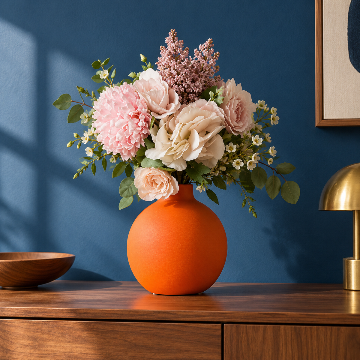 Vaso Formas laranja com flores em ambiente azul