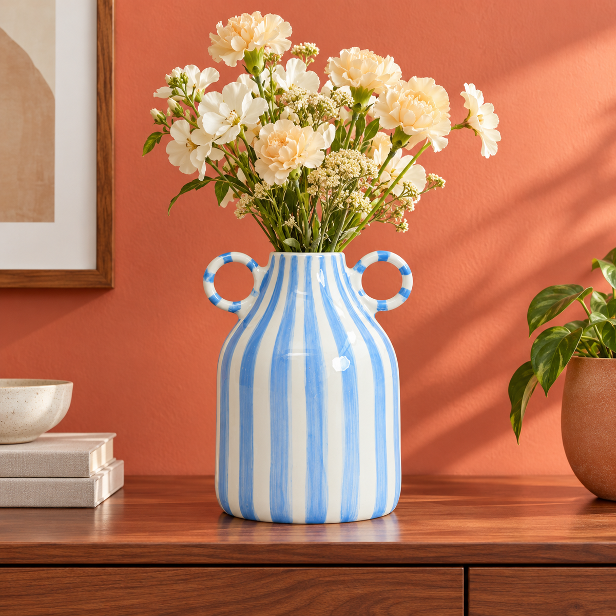 Vaso Listrado com Alças azul e branco com flores