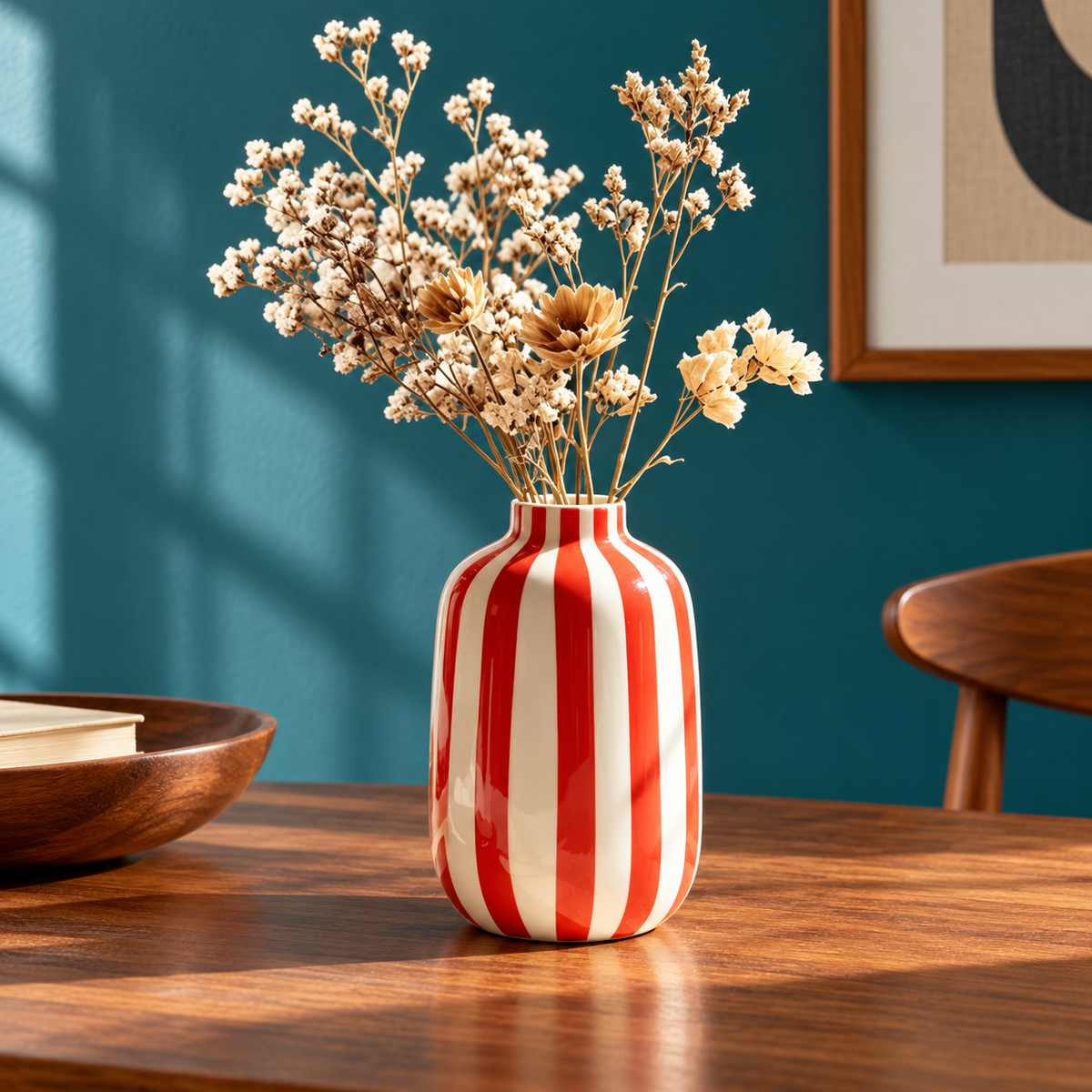 Vaso Listrado vermelho e branco com flores secas