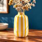 Vaso Listrado amarelo e branco com flores secas