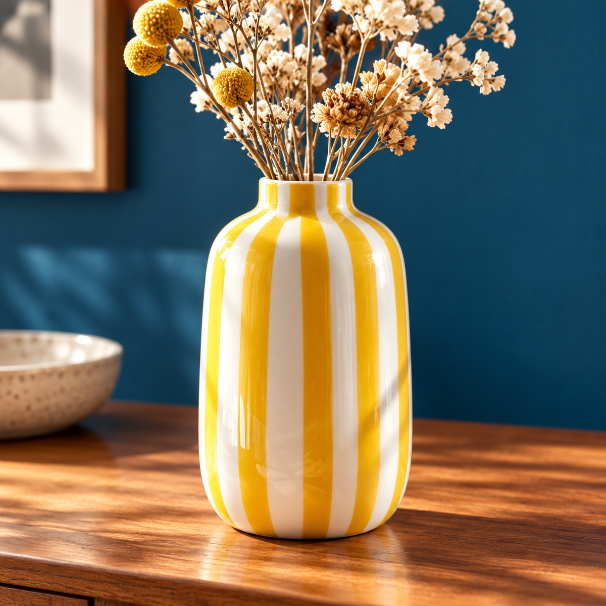 Vaso Listrado amarelo e branco com flores secas
